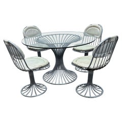 Vintage 1970s Steel and Glass White Swivel Chairs Dining Table, Set of 5