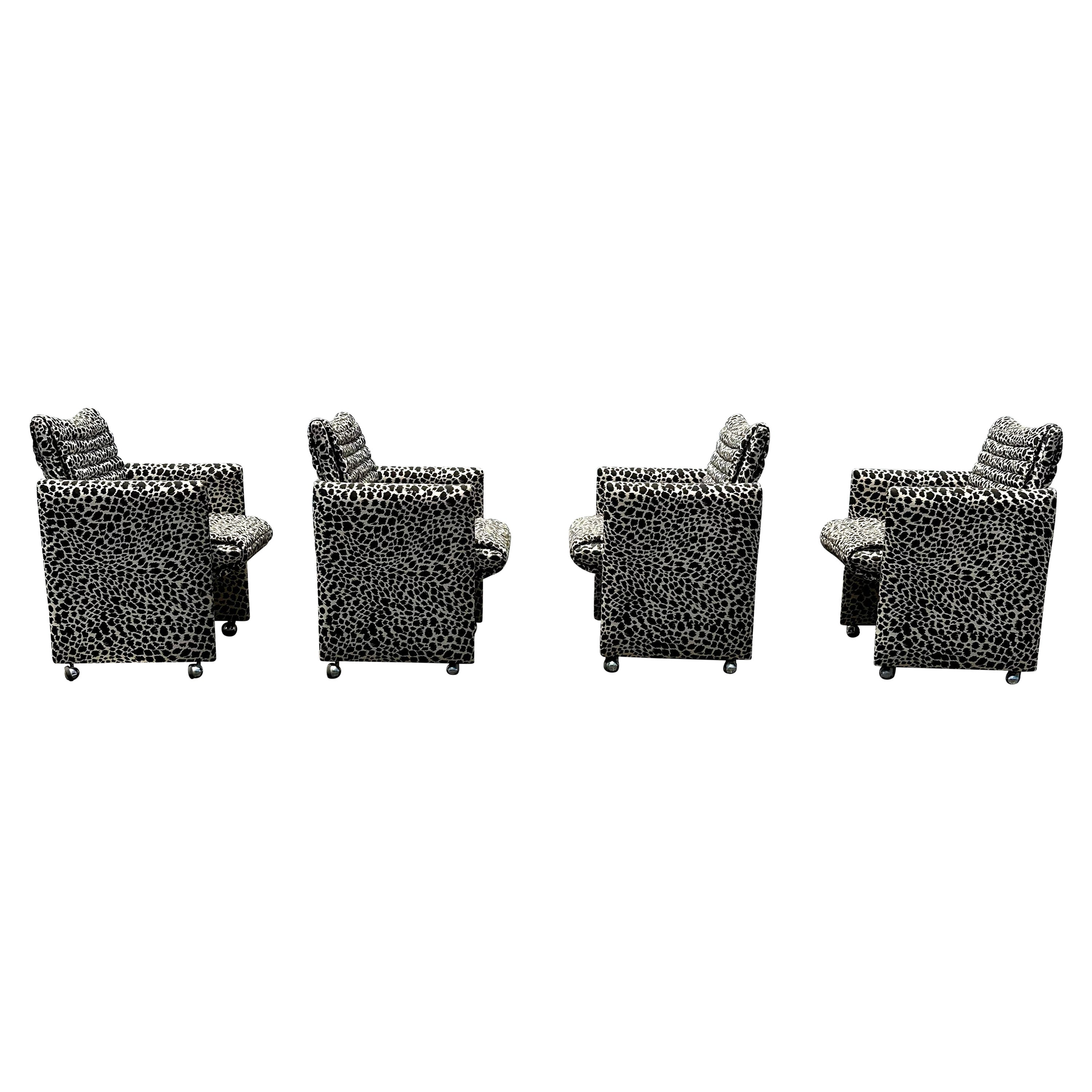 Anteprima anni '80 Sedie da pranzo in bianco e nero con stampa leopardo, set di 4 pezzi