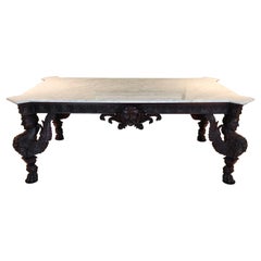 Vintage Italian Baroque Dining Table Carved Mahogany Carrara Marble