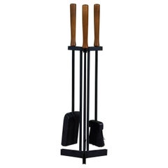 Set of Wrought Iron Fireplace Tools with Wood Handles