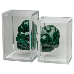 Set of Malachites in free form mounted in original design acrylic base