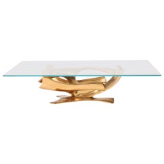 Vintage Fred Brouard Sculptural Rectangular Cast Bronze and Glass Top Coffee Table 1970s