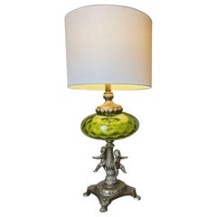 Beautiful Vintage Italian Empoli Green Glass Cherub Table Lamp