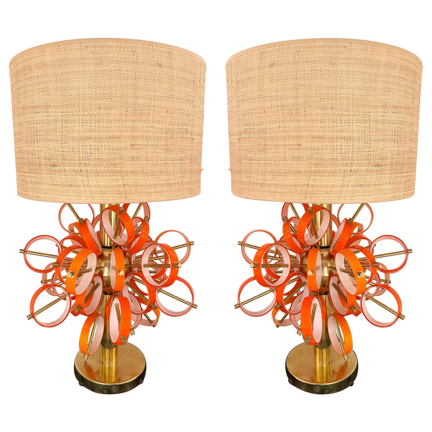 Contemporary Pair of Brass Sputnik Rings Murano Glass Lamps , Italy