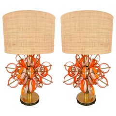 Contemporary Pair of Brass Sputnik Rings Murano Glass Lamps , Italy