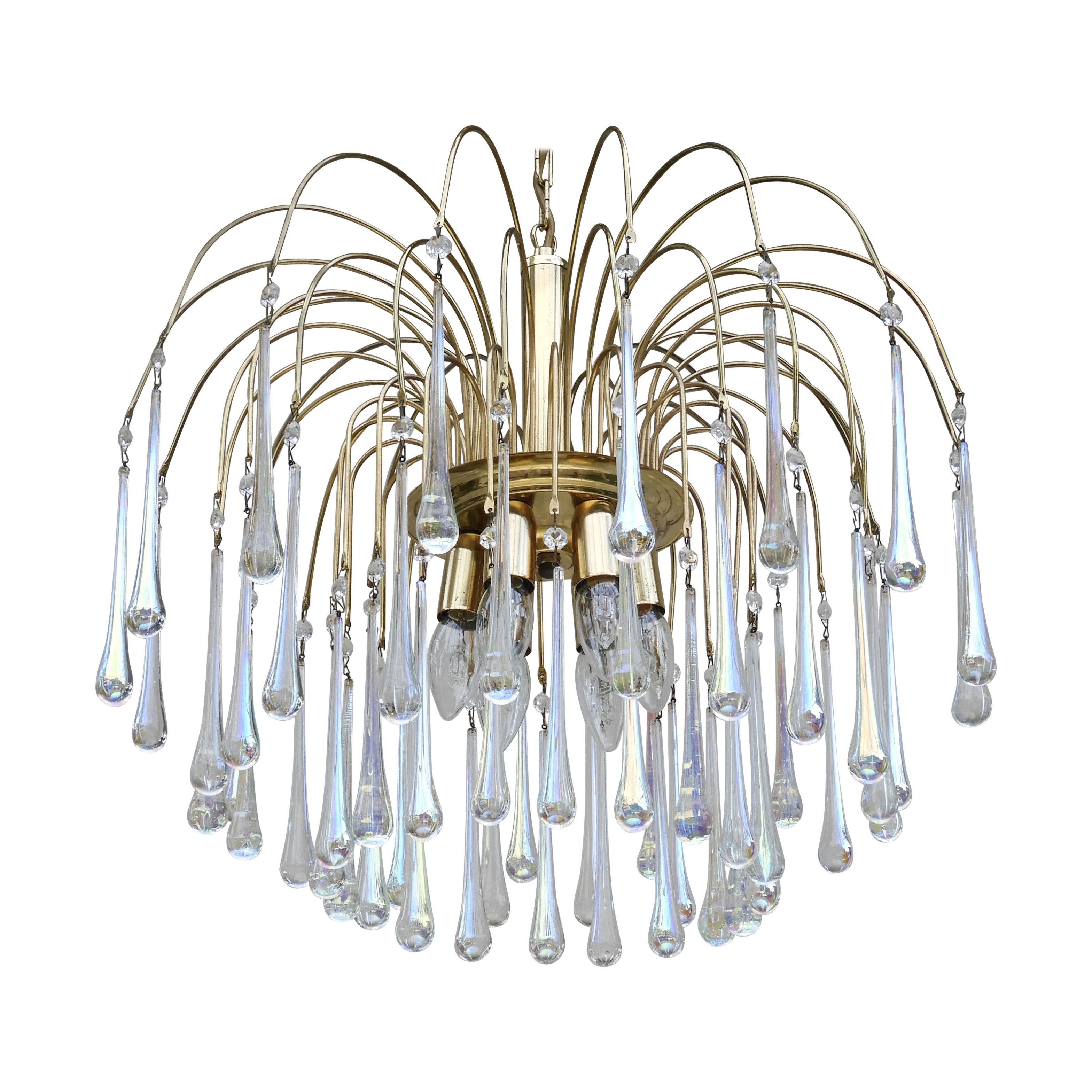 Lustre cascade à 6 lumières en cristal de Murano irridescent, Italie des années 70, de style Venini