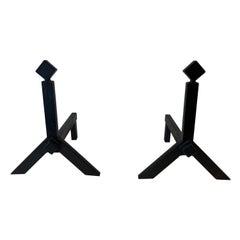 Pair of Modernist Cast Iron and Wrought Iron Andirons