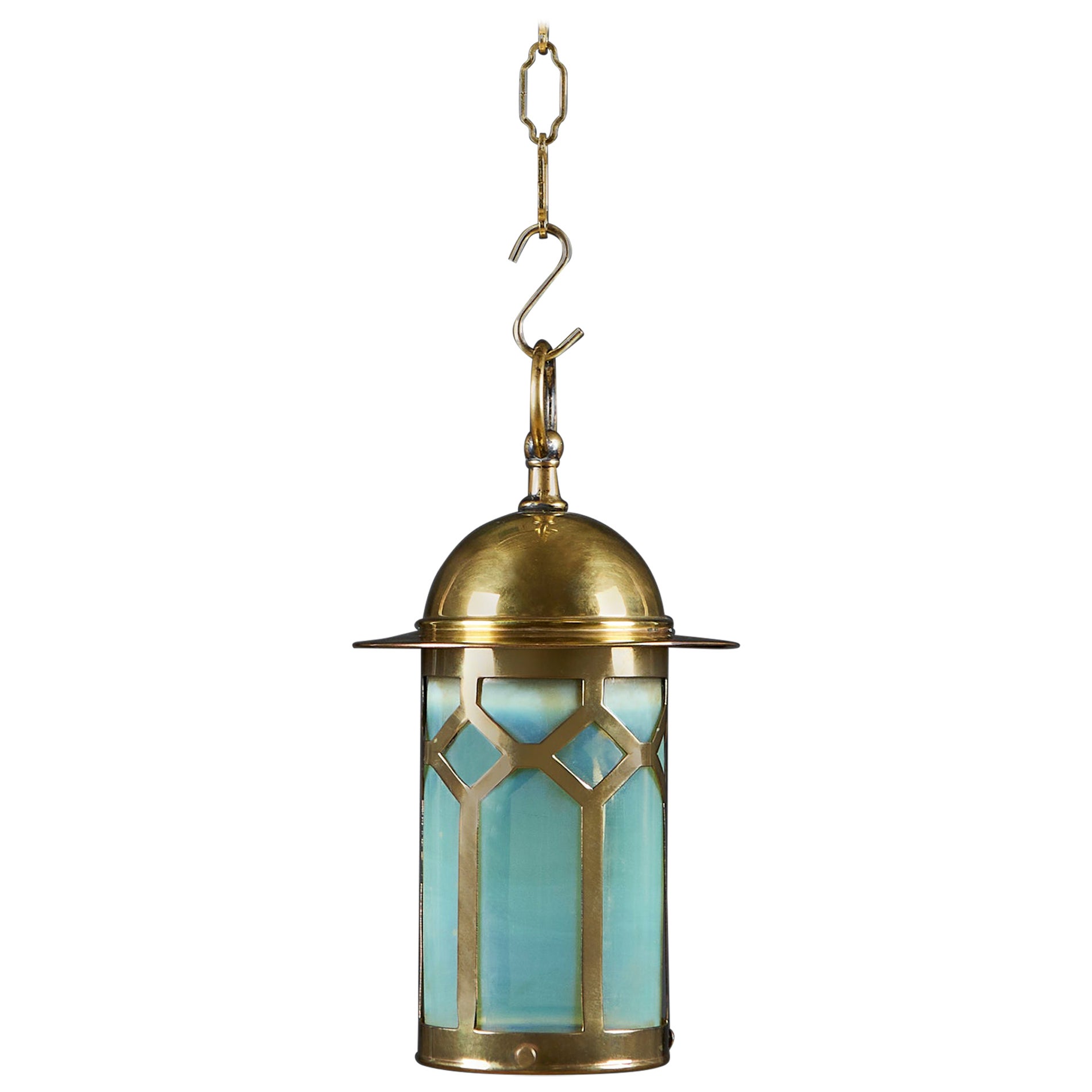 A Brass Arts and Crafts Hanging Lantern with Opaline Glass, of Small Scale