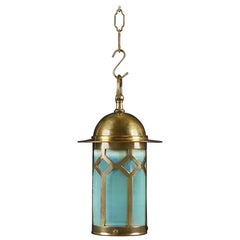 Antique A Brass Arts and Crafts Hanging Lantern with Opaline Glass, of Small Scale
