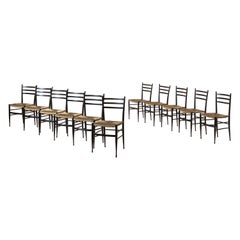 Vintage Enrico Delmonte set of 12 ash and straw Gobbetta chairs, Chiavari, Italy, 1950s