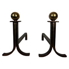 Pair of Modernist Cast Iron, Brass and Wrought Iron Andirons 