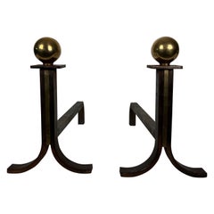 Pair of Modernist Cast Iron, Brass and Wrought Iron Andirons