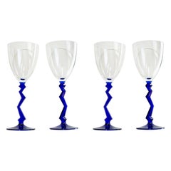 Vintage 1980s Memphis Blue Zig-Zag Wine Glasses, Set of 4 by Schott, Germany