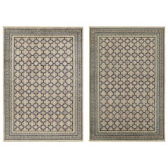 Rug & Kilim’s Art Deco Style Rug in Beige with Blue Geometric Patterns