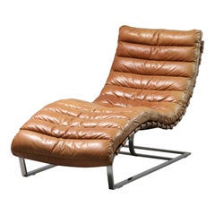 Retro Curved Daybed in Cognac Leather and Chrome, Germany, 1970's