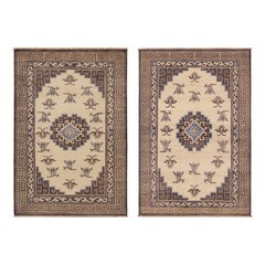 Rug & Kilim’s Twin Art Deco Style Rugs in Beige with Blue Geometric Patterns