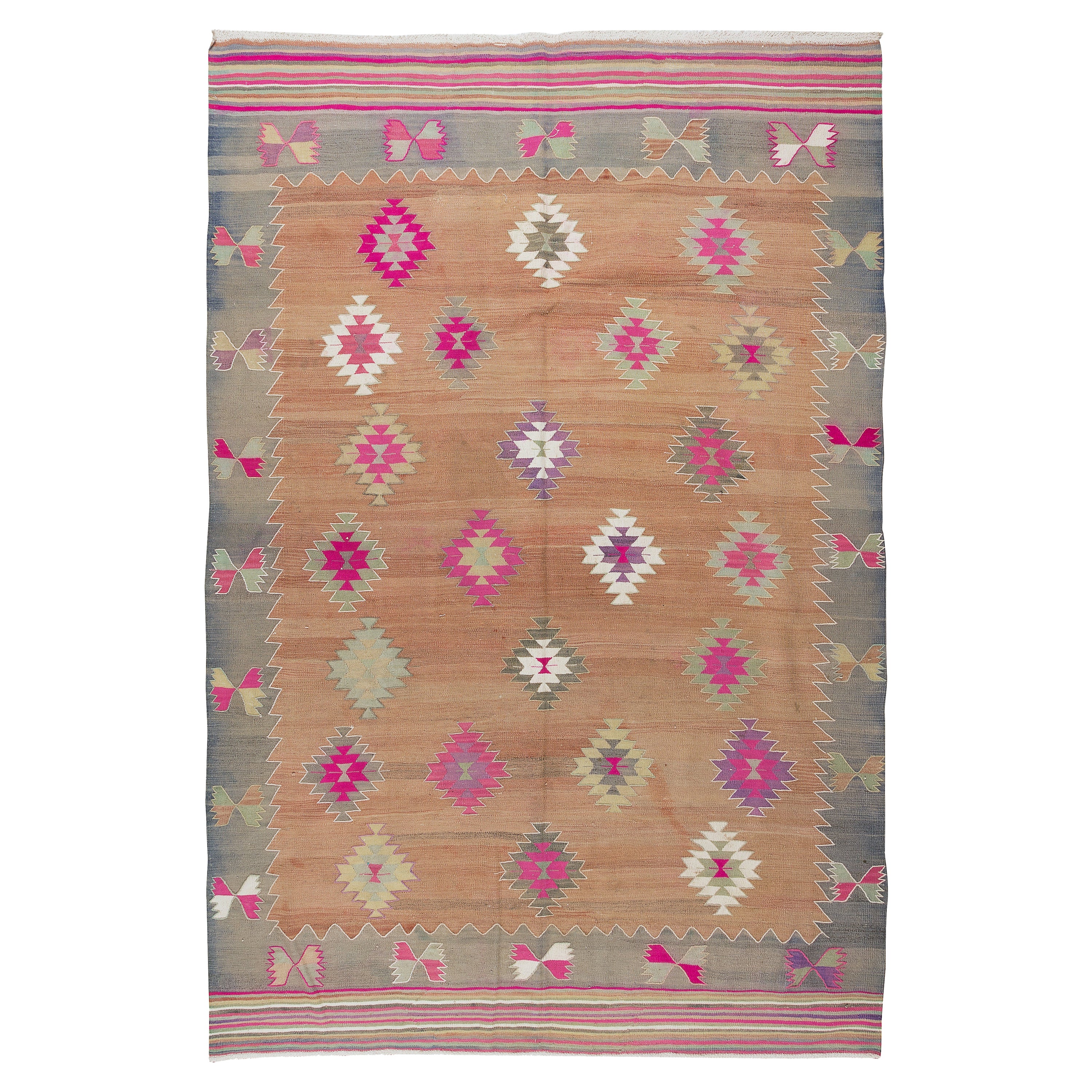 6x9 Ft Vintage Handgefertigter türkischer Kelim-Teppich in verblasstem Rot mit geometrischem Design
