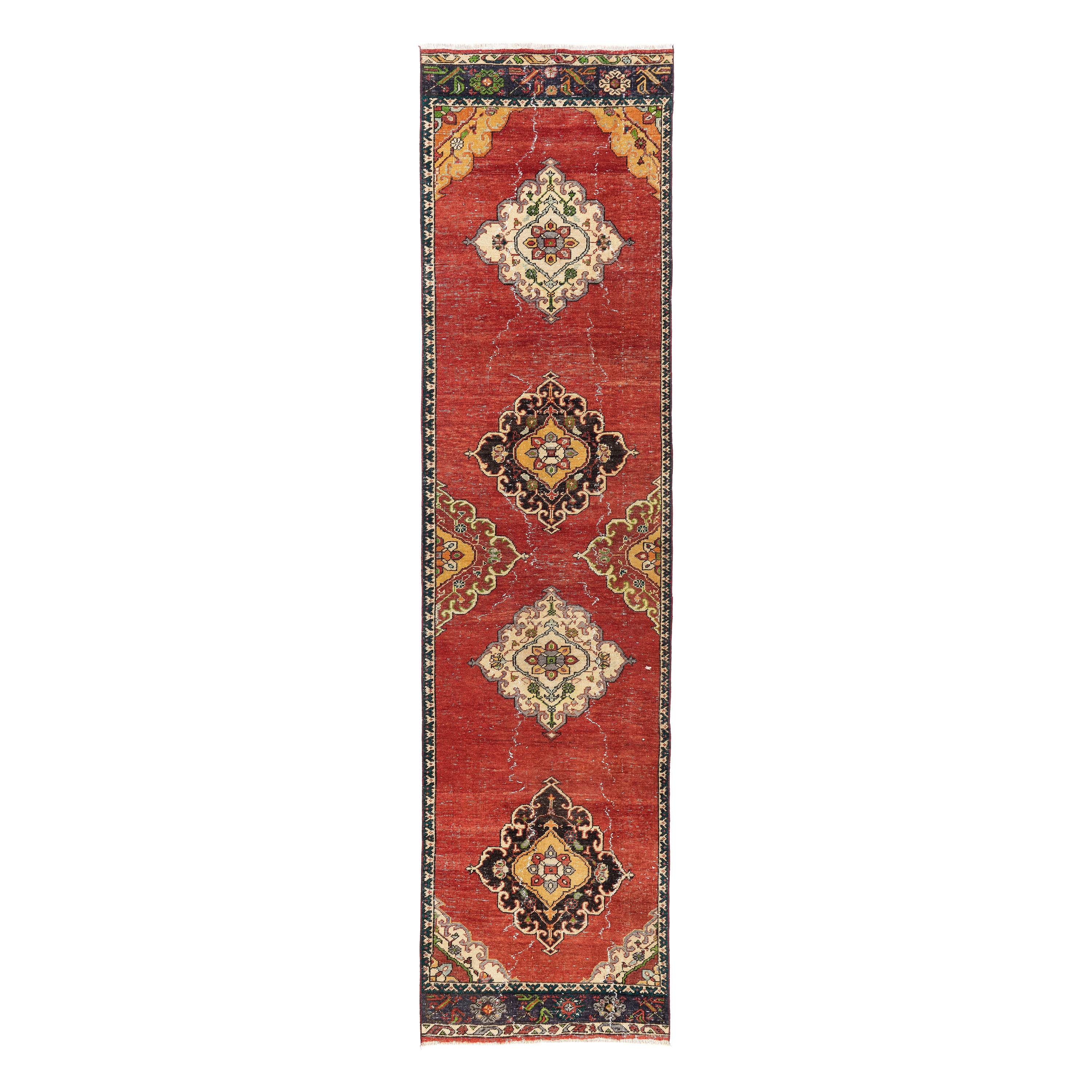 3x12 Ft Unique Vintage Turkish Runner Rug, Traditional Handmade Carpet, All Wool