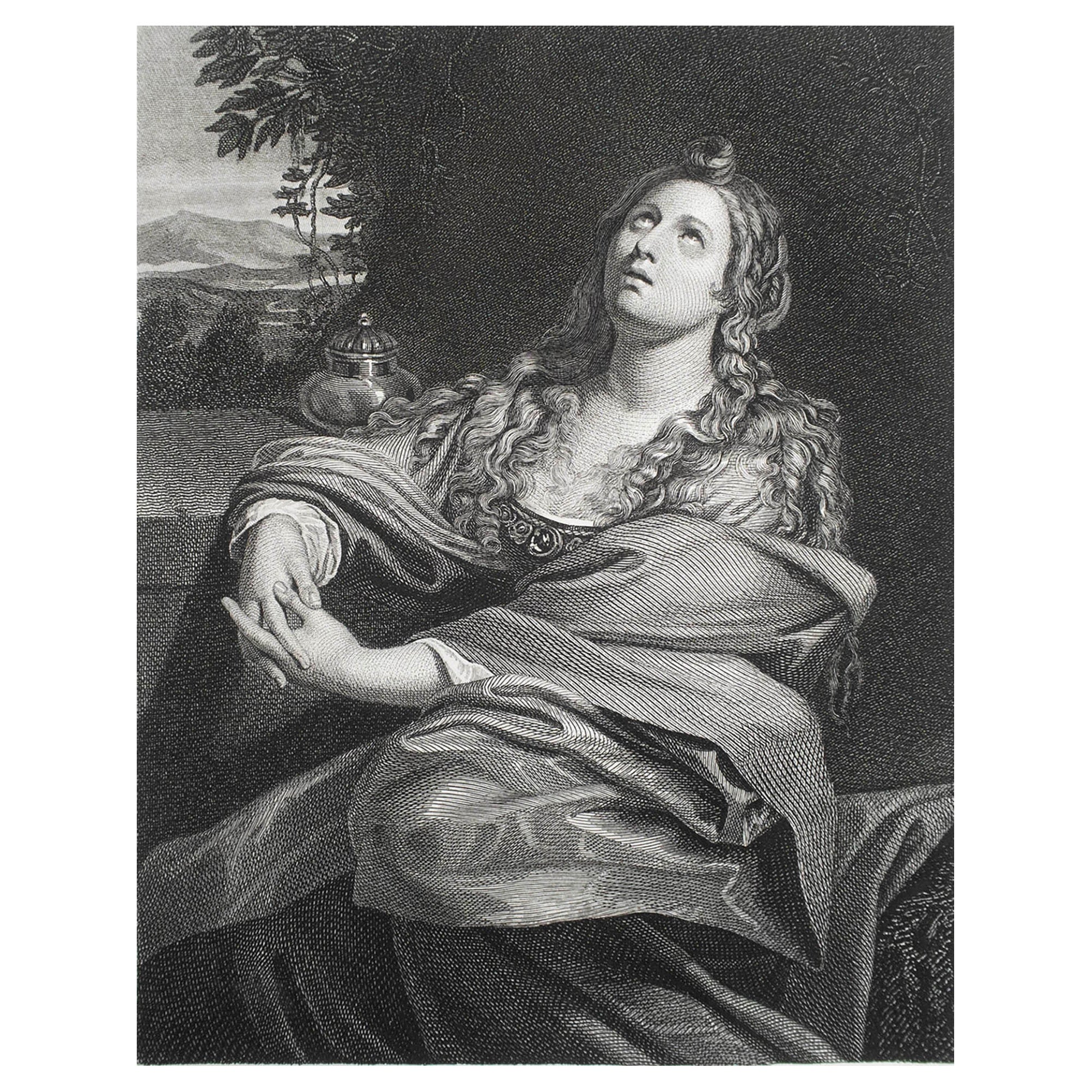 Stampa antica originale di Maria Maddalena dopo Domenichino. Circa 1850