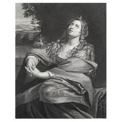 Stampa antica originale di Maria Maddalena dopo Domenichino. Circa 1850