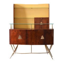 Used Mid-Century Bar Counter in wood, brass and glass. Italian artisan production.