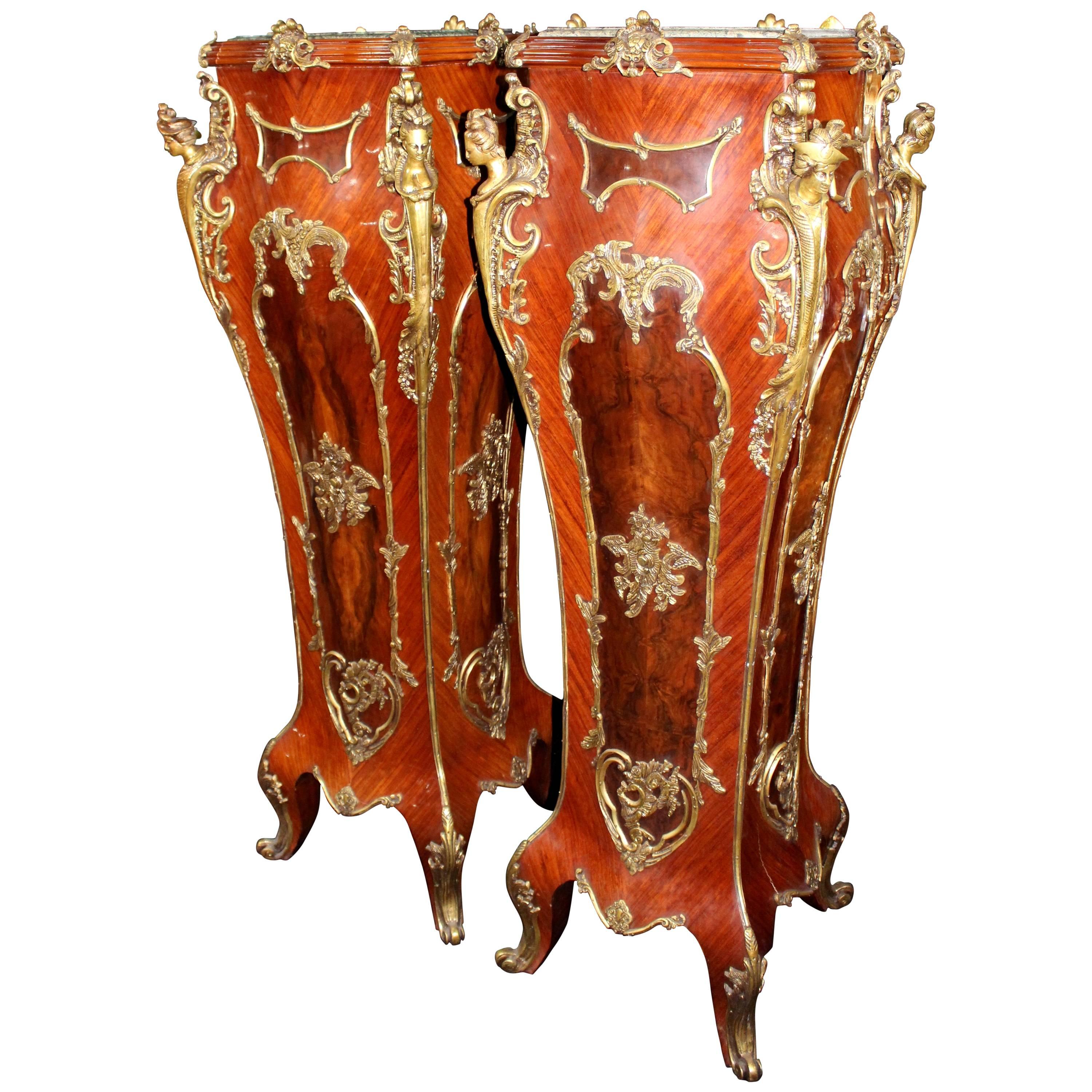 Pair of Louis XV Style Marble-Topped Ormolu-Mounted Inlaid Pedestals