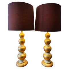 Retro Pair of 1950s American Frederick Cooper Gold Leaf & Brass Table Lamps Inc Shades