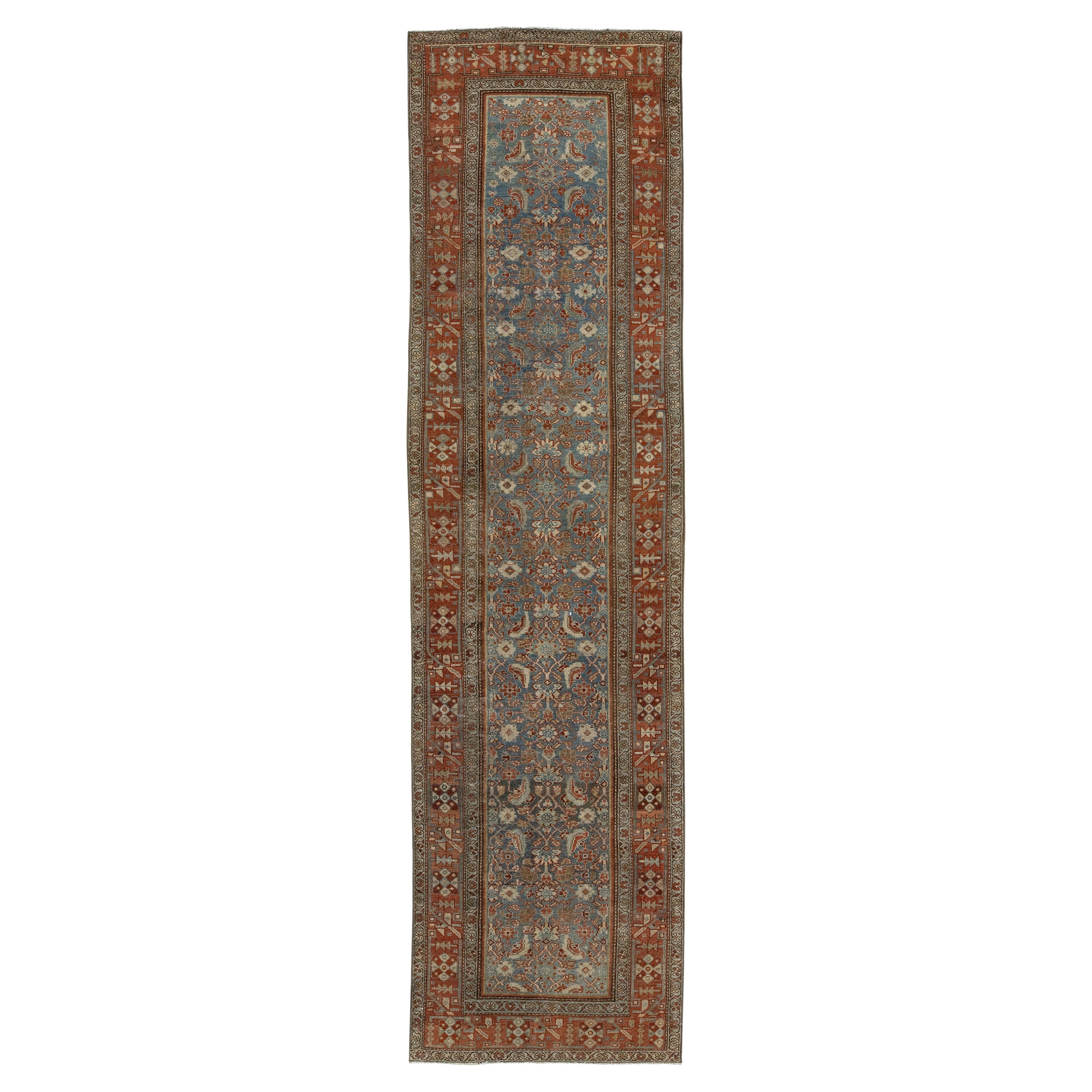 Blue Handmade Antique Malayer Wool Runner With Allover Pattern