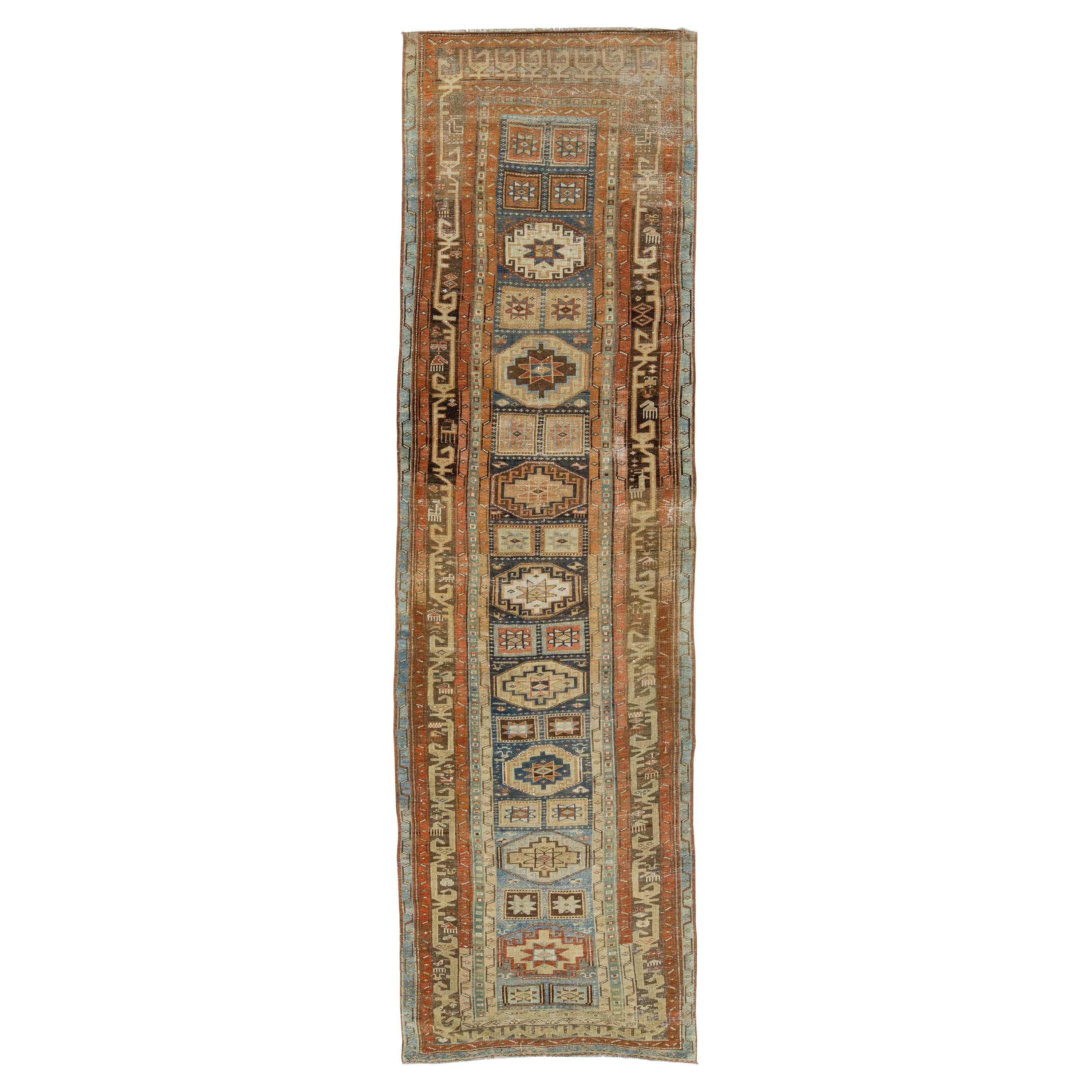 Geometric Antique Heriz Wool Runner In Blue and Orange For Sale