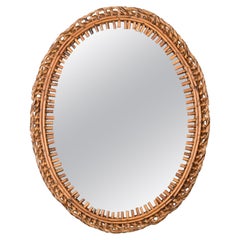 Vintage Midcentury French Riviera Oval Mirror in Rattan and Woven Wicker, France 1960s