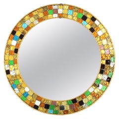Midcentury Multi Color Round Wall Mirror with Art Glass Mosaic Frame