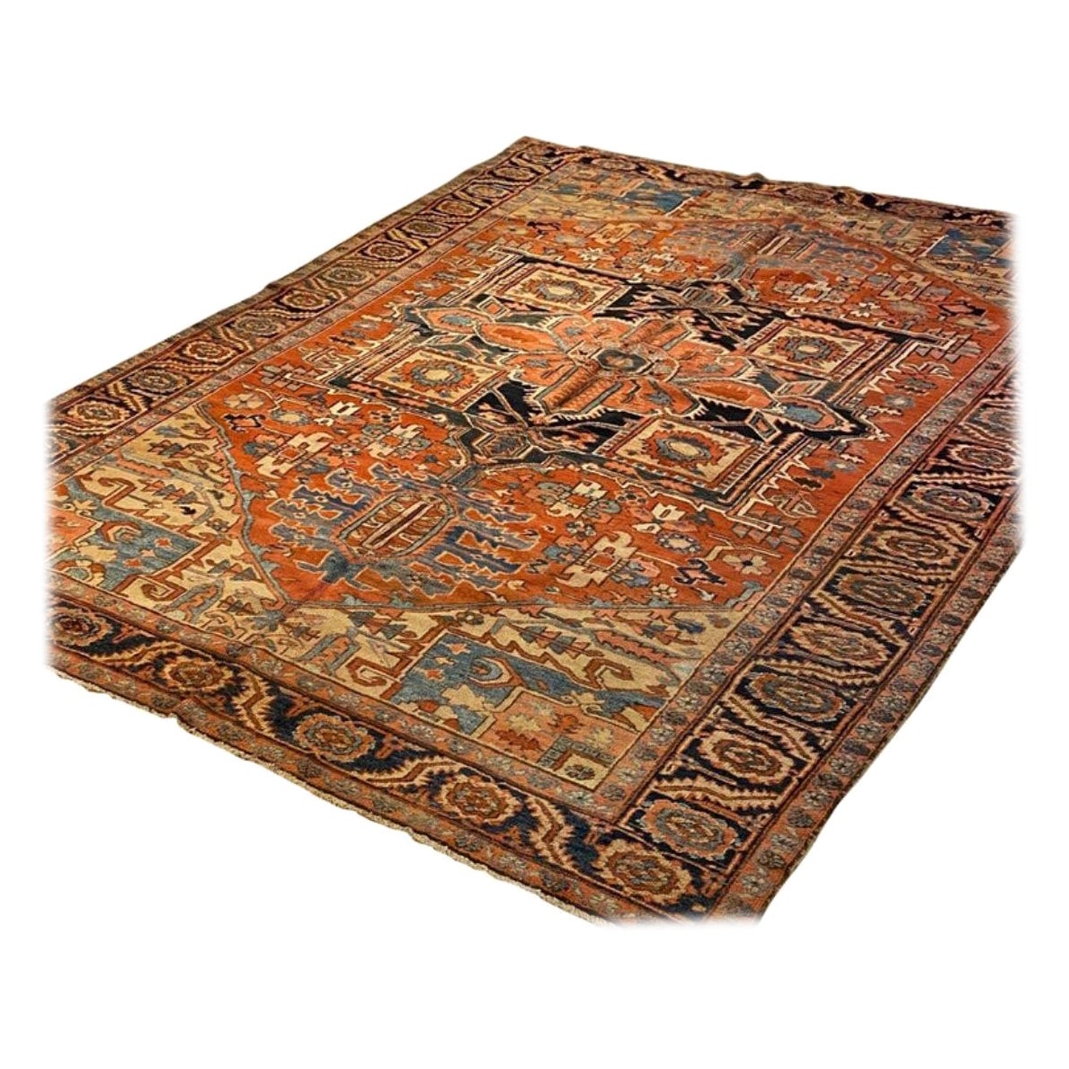 Antique Rust Navy Blue Geometric Tribal Persian Heriz Rug, circa 1920s