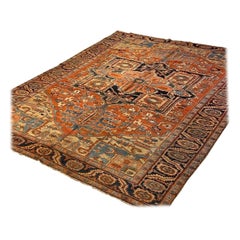 Antique Rust Navy Blue Geometric Tribal Persian Heriz Rug, circa 1920s