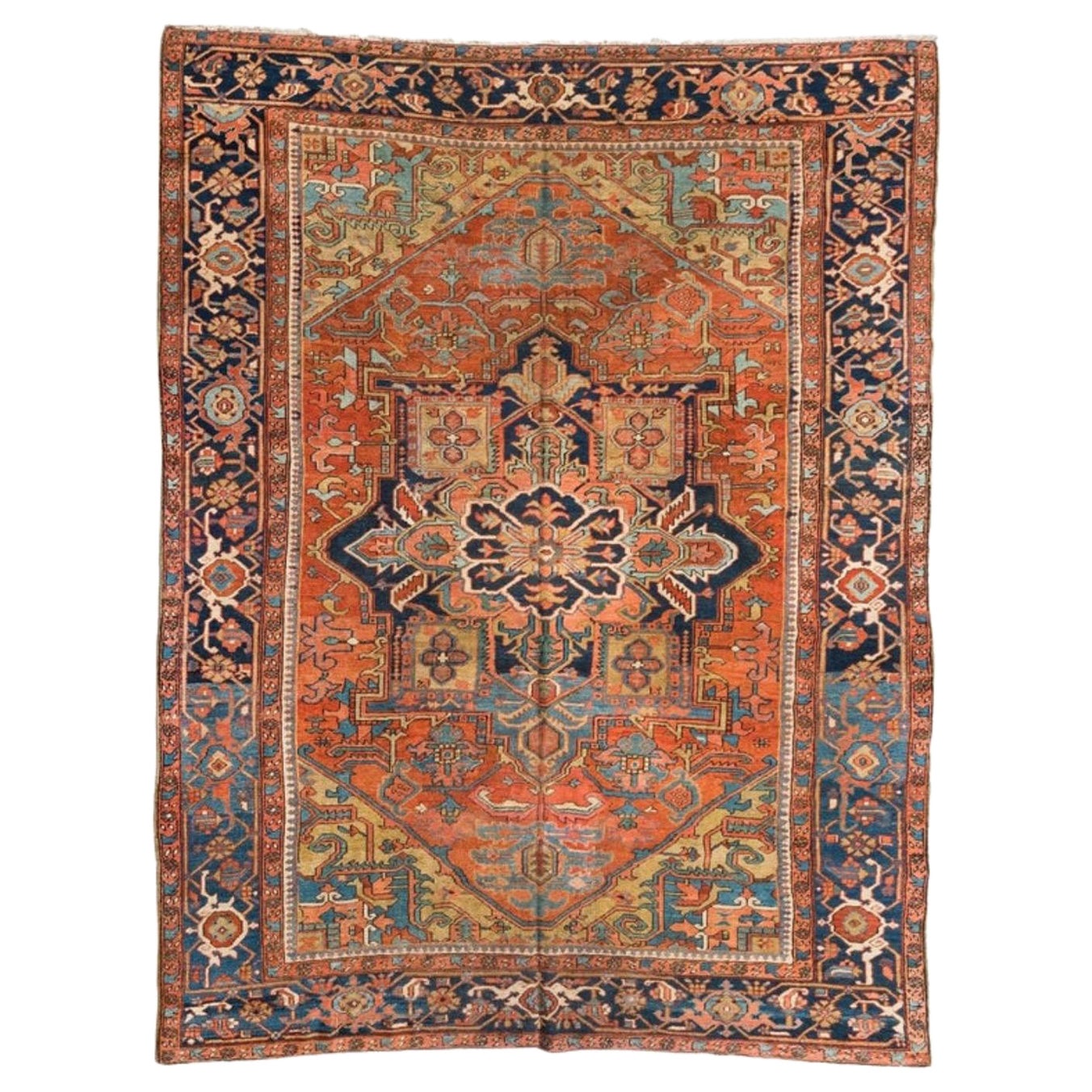 Antique tapis persan Heriz bleu rouille clair, tribal et géométrique, c. 1920