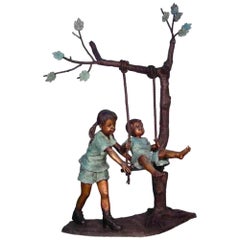 Vintage Bronze Statue of Children on Swing