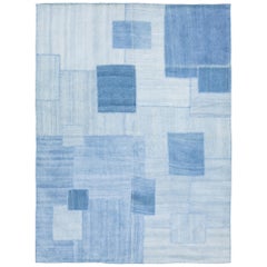 Modern kilim Flatweave Wool rug Designed With Geometric Denim Color 