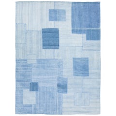 Modern kilim Flatweave Wool rug Designed With Geometric Denim Color