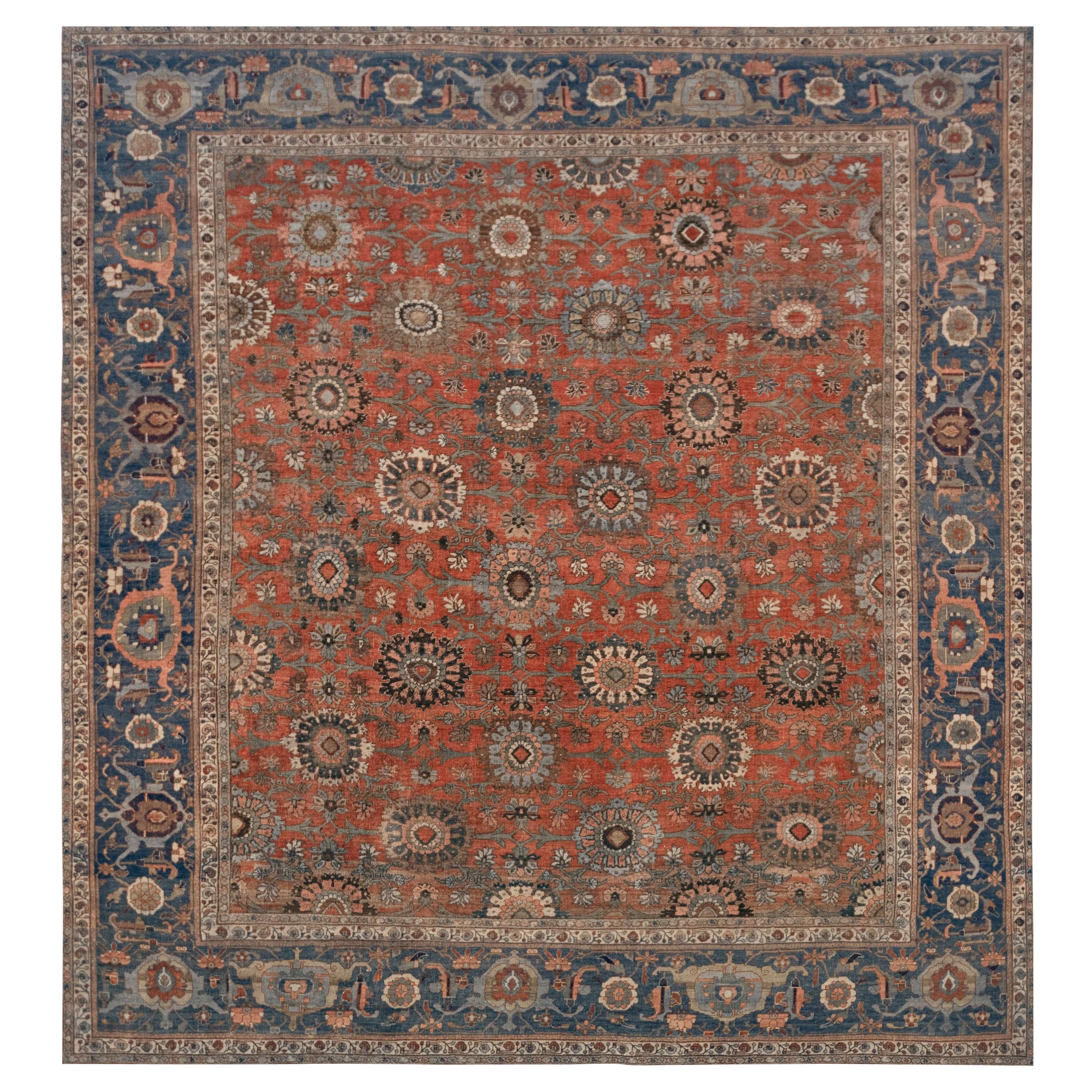 Antique Wool Hand-Knotted Tomato-Red Floral Persian Bidjar Rug