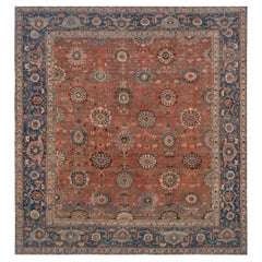 Antique Wool Hand-Knotted Tomato-Red Floral Persian Bidjar Rug