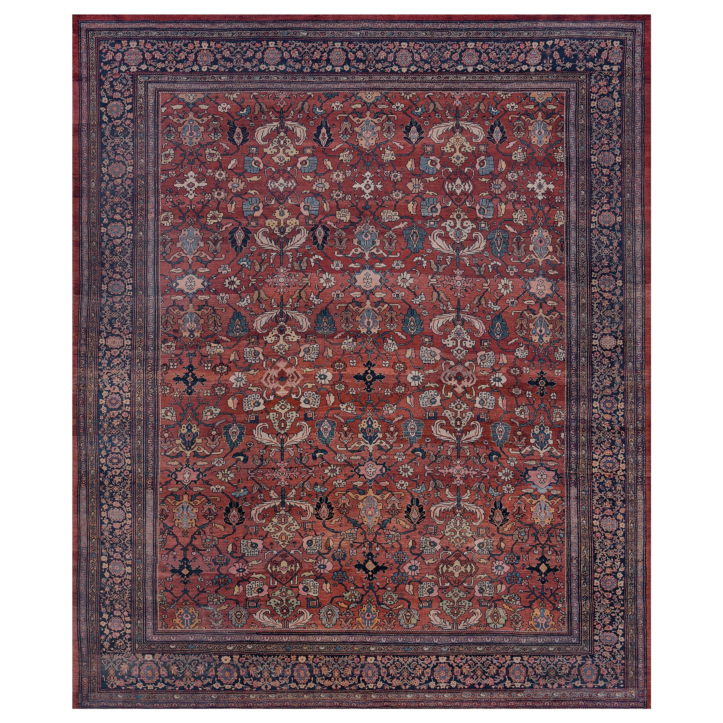 Authentic Antique Hand-Woven Wool Floral Red & Indigo Persian Fereghan Rug For Sale