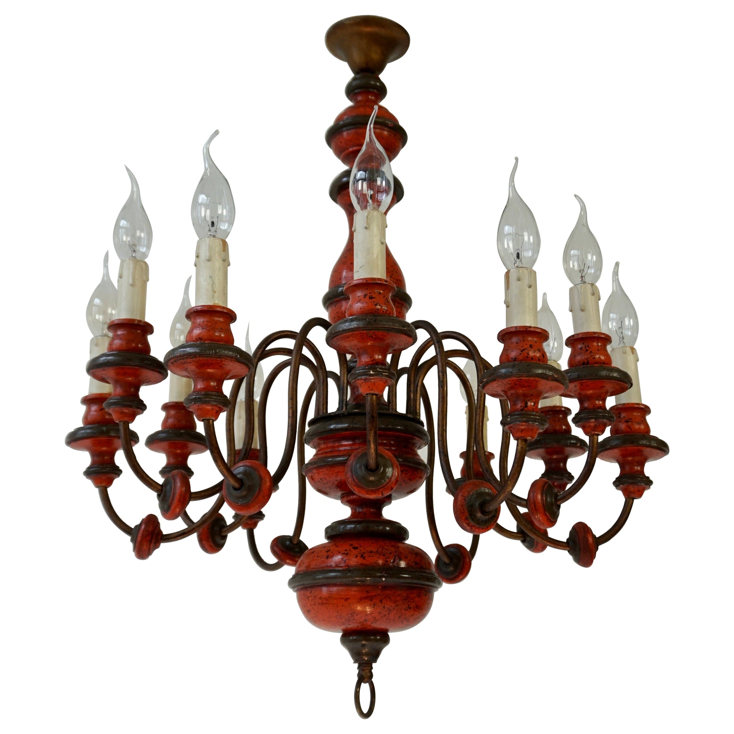 Mid-Century Red Lacquered Wood 12 Lights Chandelier