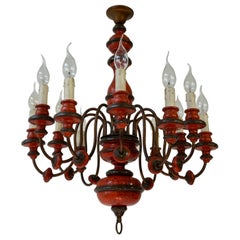 Vintage Mid-Century Red Lacquered Wood 12 Lights Chandelier