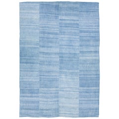  Tapis kilim moderne en laine à tissage plat avec motif de rayures en bleu de jean 