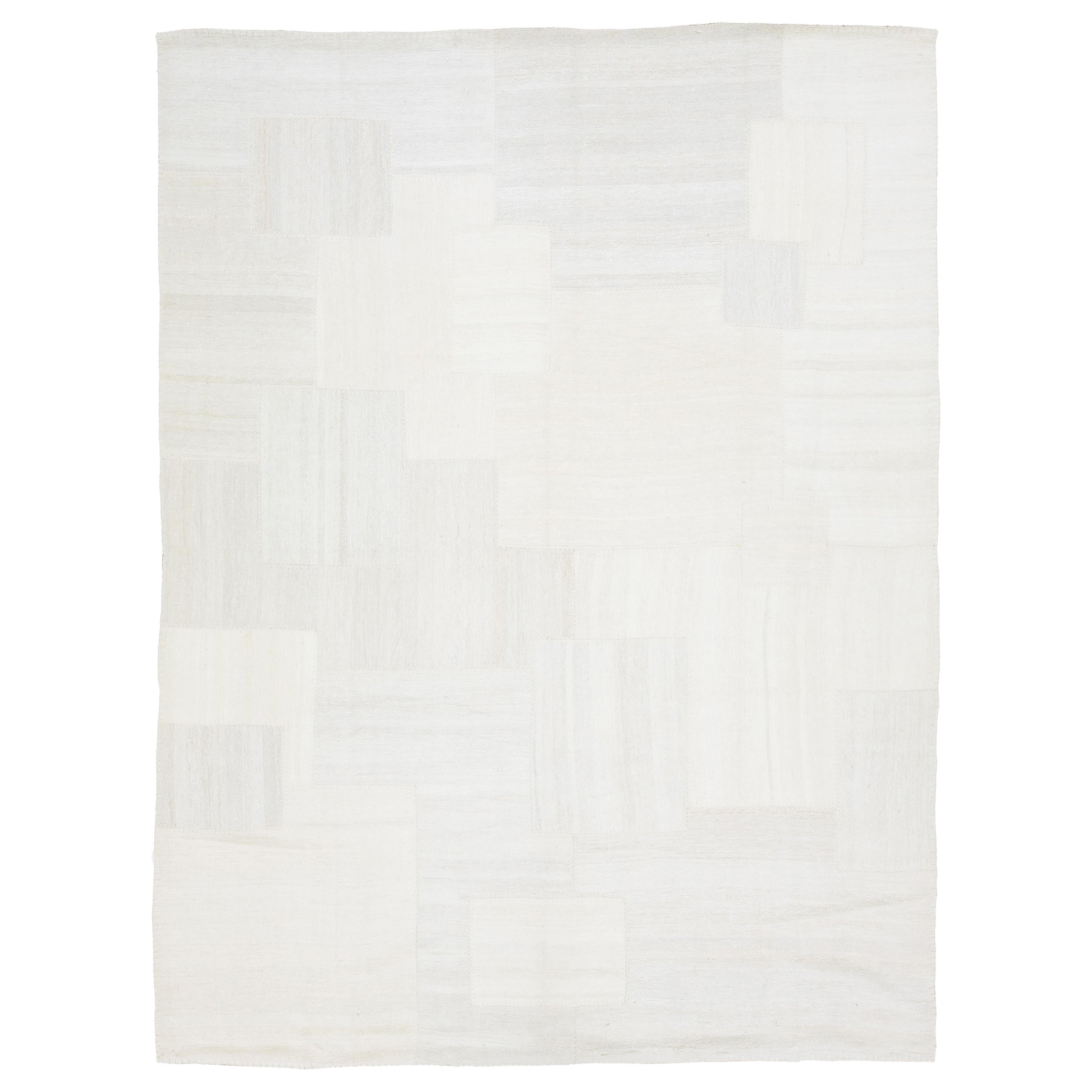 Modern kilim Flatweave Ivory Wool rug With Abstract Design 