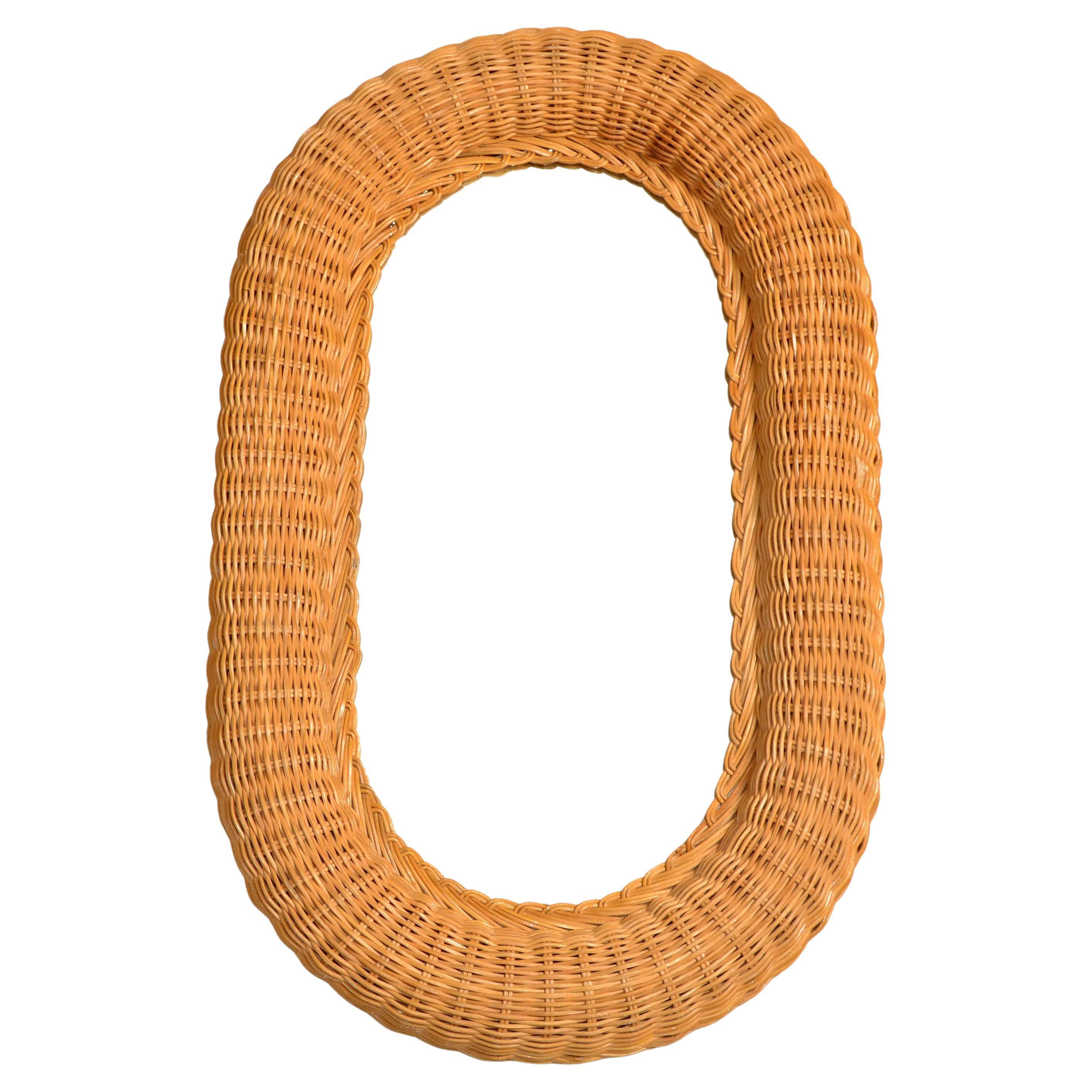 1980s Bohemian Oval Handwoven Rattan Wicker Board Wall Mirror Mid-Century Modern