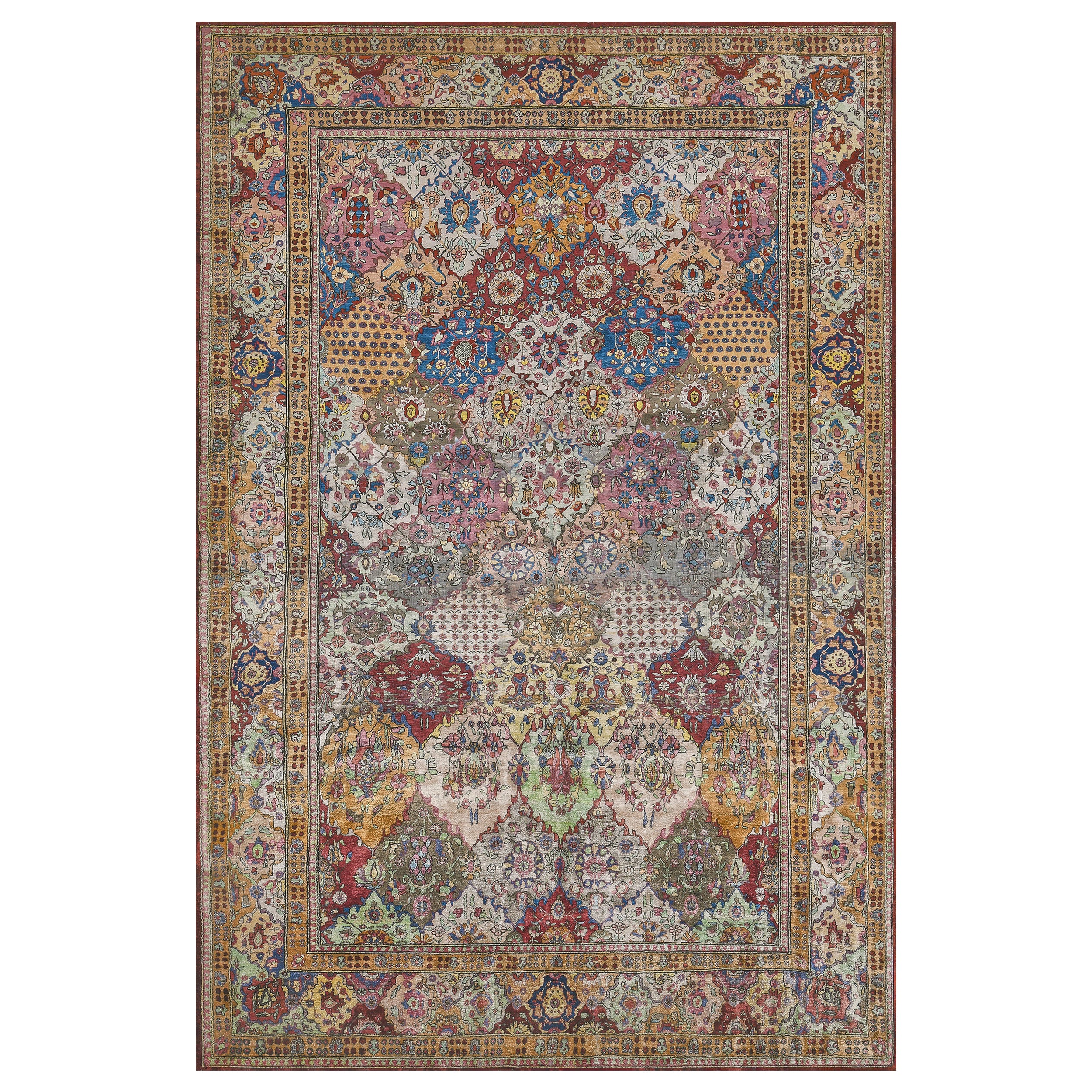 Silk Antique Hand-Woven Floral Garden-Design Persian Fereghan Rug