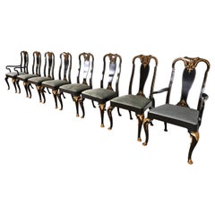 Retro Baker Furniture Chinoiserie Queen Anne Black Lacquered & Gold Dining Chairs