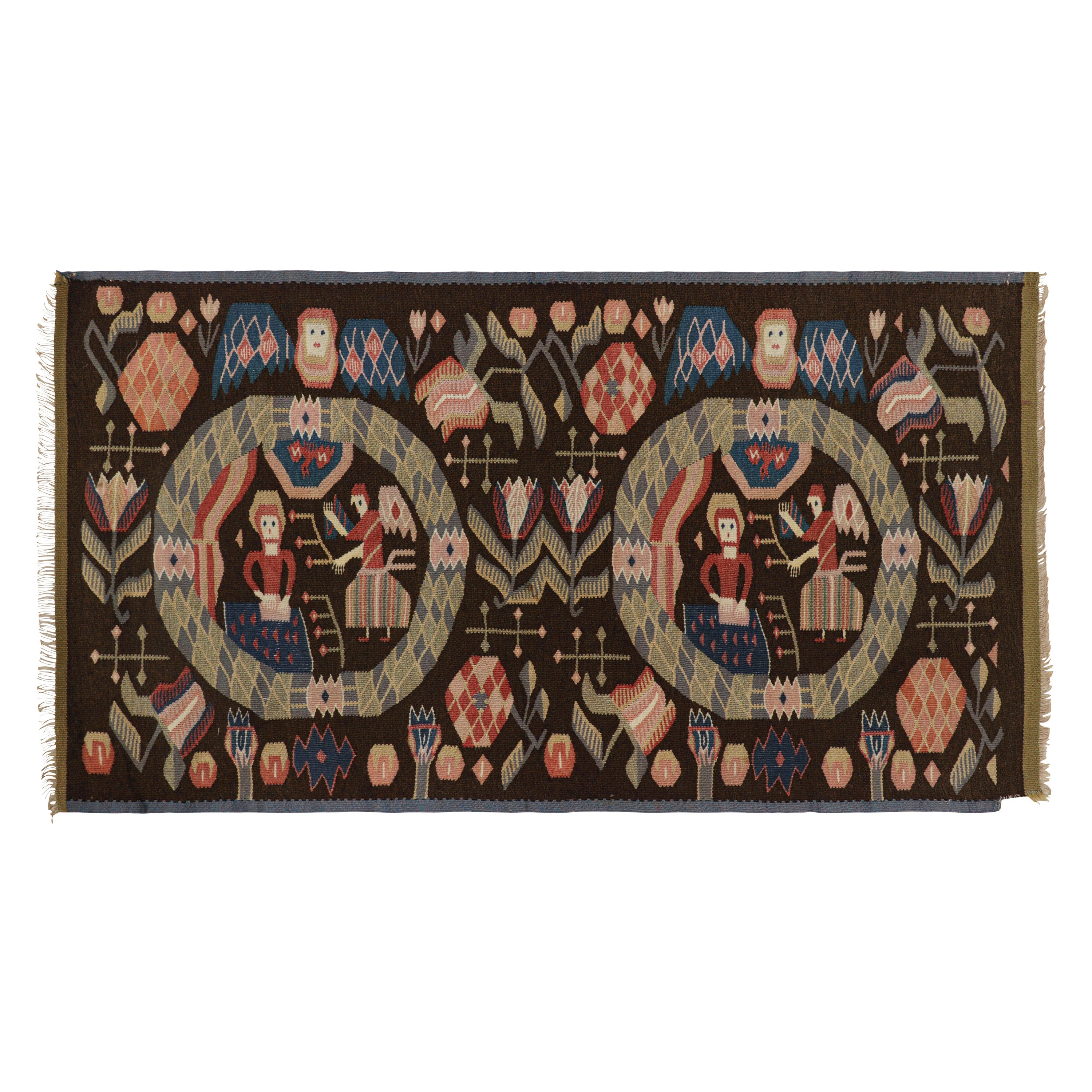 Antique Swedish Rollakan Tapestry with Pictorials and Florals, from Rug & Kilim For Sale