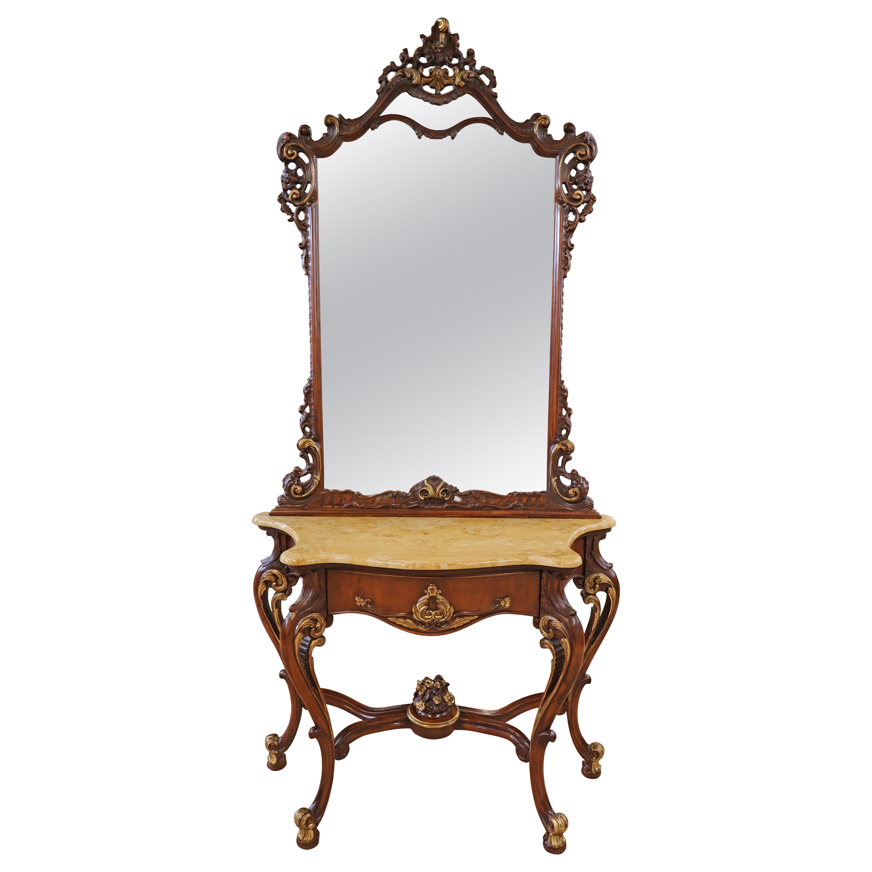Mahogany Louis XV French Style Marble Top Console With Mirror