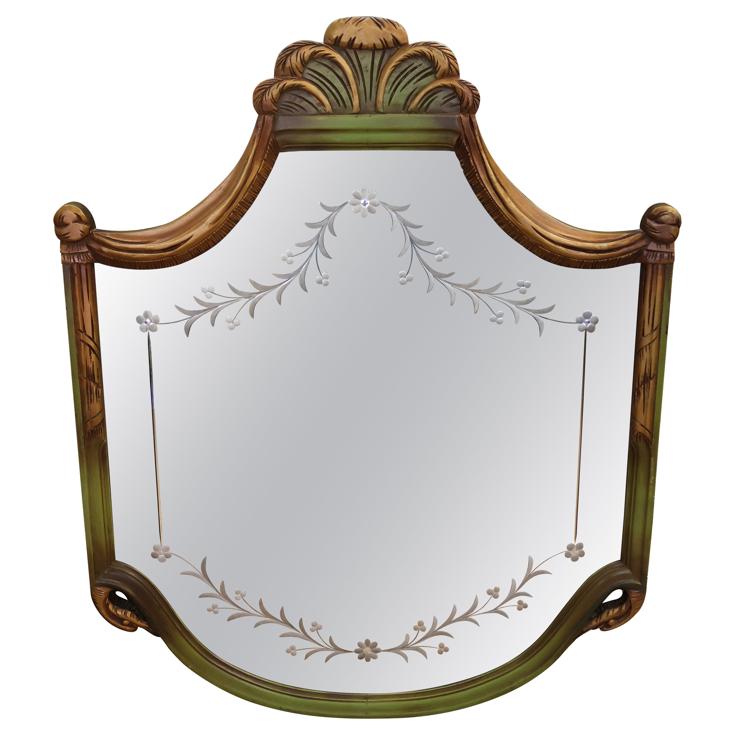 1920's French Acid Etched Louis XV Fleur De Lis Style Green Mirror